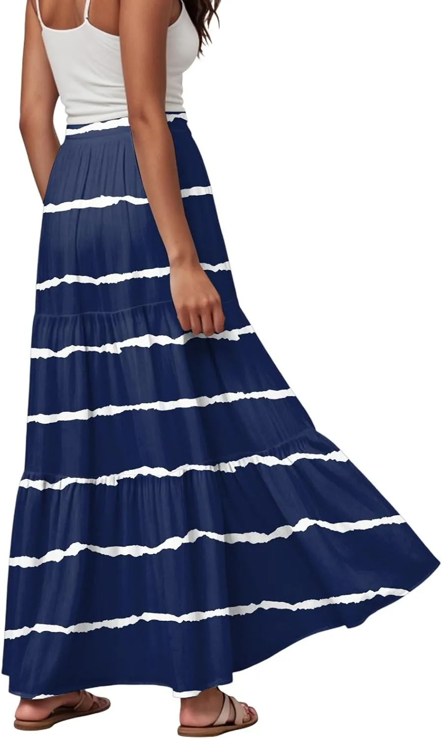 Women's Color Block Flowy Maxi Skirt Summer Striped Pleated High Waisted Casual A-line Beach Vacation Long Skirts