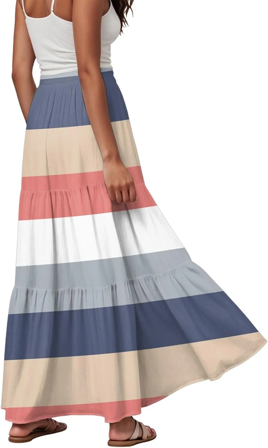 Women's Color Block Flowy Maxi Skirt Summer Striped Pleated High Waisted Casual A-line Beach Vacation Long Skirts