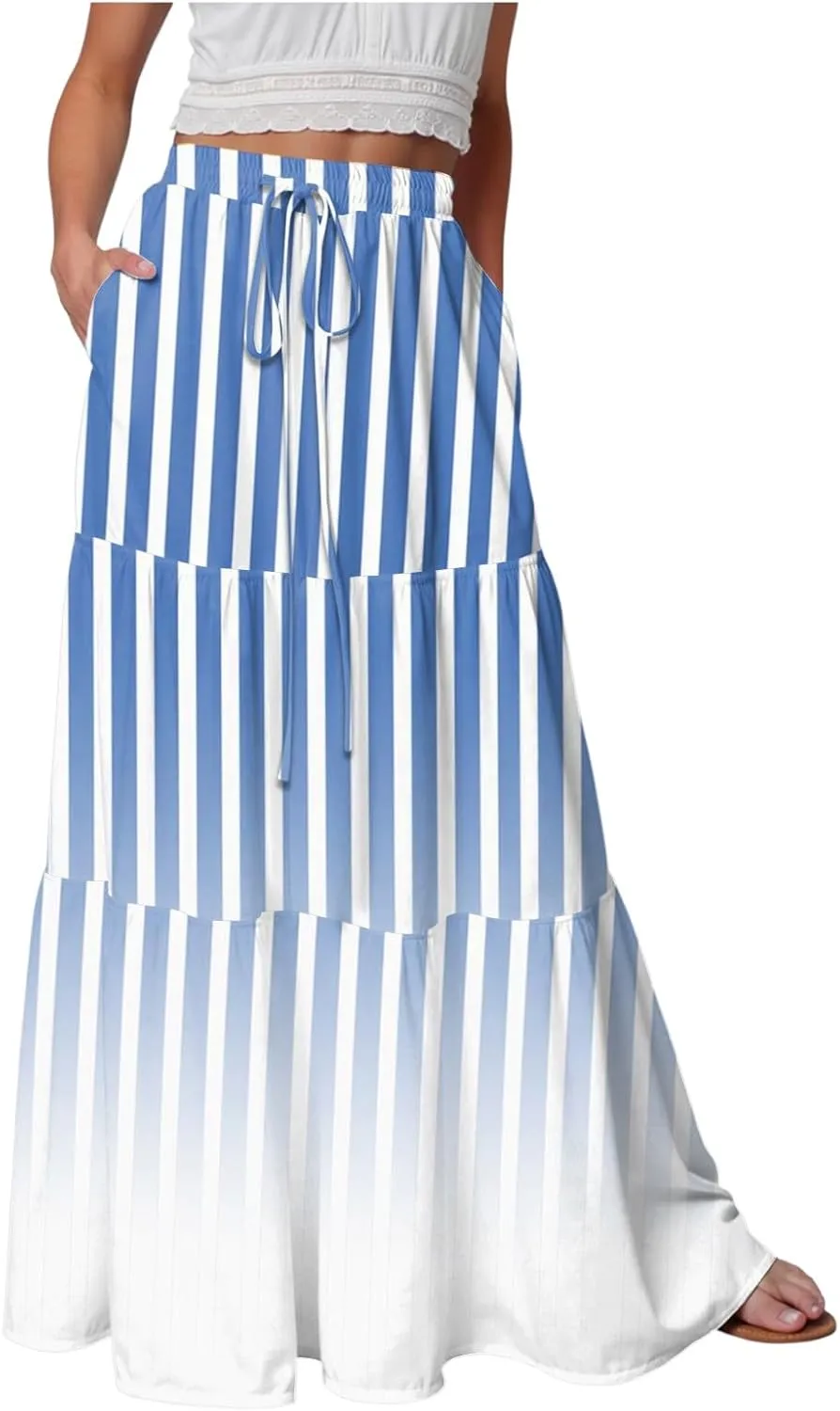 Women's Color Block Flowy Maxi Skirt Summer Striped Pleated High Waisted Casual A-line Beach Vacation Long Skirts