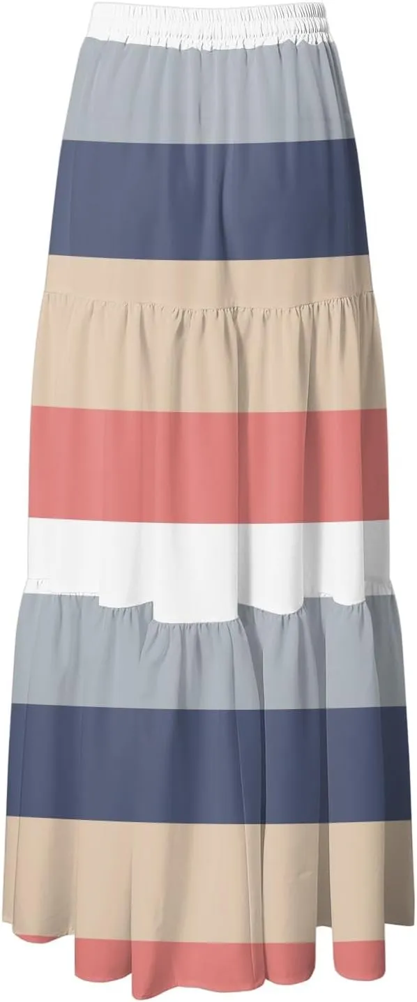 Women's Color Block Flowy Maxi Skirt Summer Striped Pleated High Waisted Casual A-line Beach Vacation Long Skirts