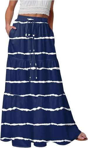 Women's Color Block Flowy Maxi Skirt Summer Striped Pleated High Waisted Casual A-line Beach Vacation Long Skirts
