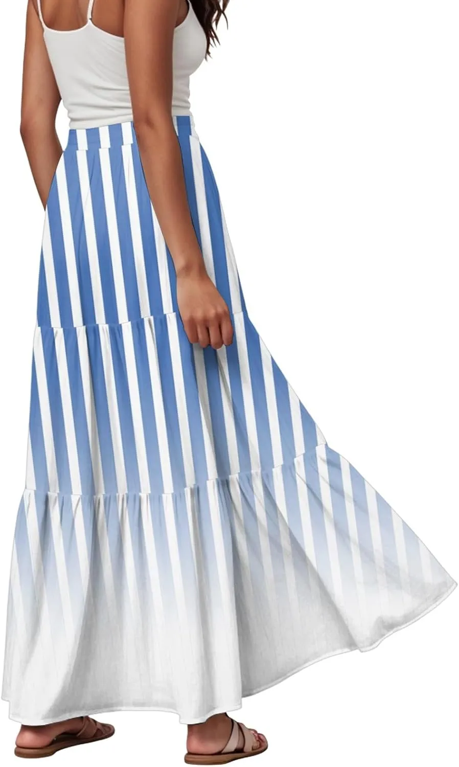 Women's Color Block Flowy Maxi Skirt Summer Striped Pleated High Waisted Casual A-line Beach Vacation Long Skirts