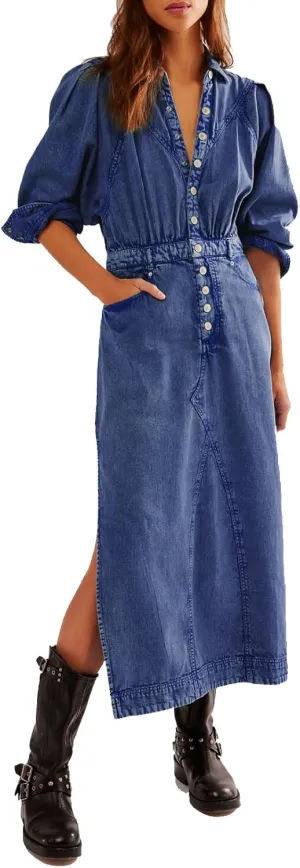 Womens Denim Long Shirt Dress Casual Button Down Jean Dress Collar A-Line Flowy Midi Dress with Pocket