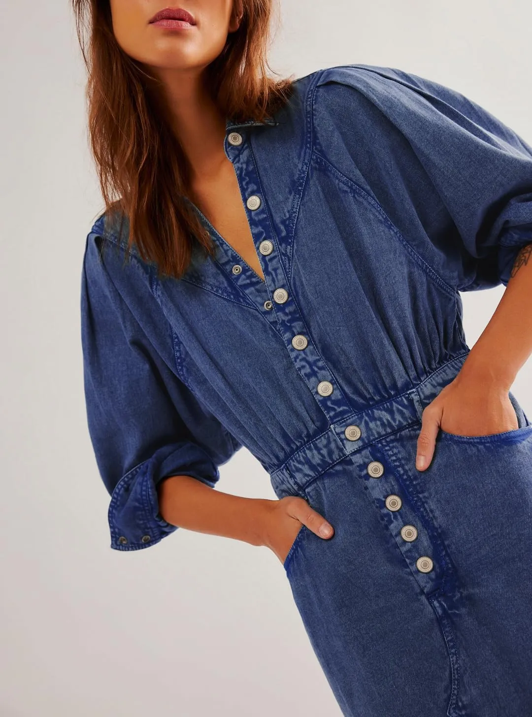 Womens Denim Long Shirt Dress Casual Button Down Jean Dress Collar A-Line Flowy Midi Dress with Pocket
