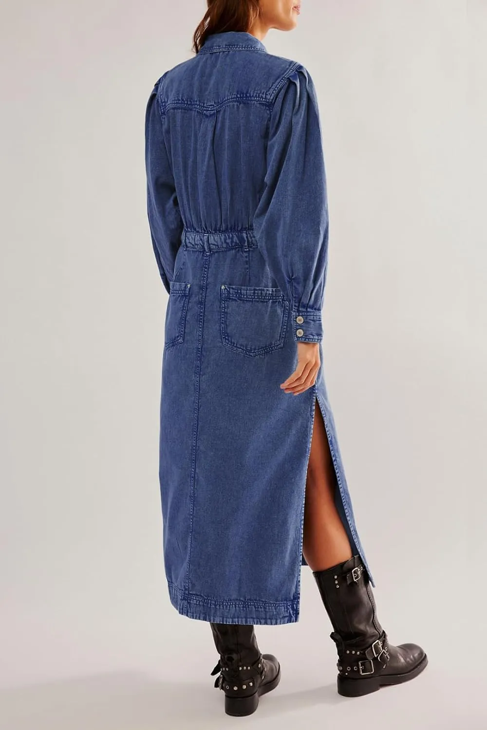 Womens Denim Long Shirt Dress Casual Button Down Jean Dress Collar A-Line Flowy Midi Dress with Pocket