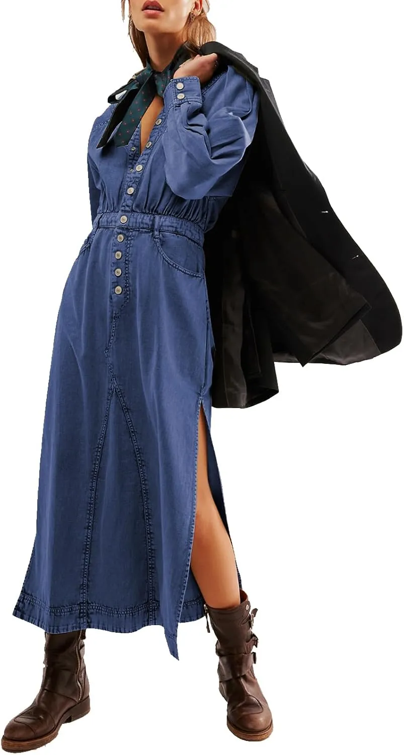 Womens Denim Long Shirt Dress Casual Button Down Jean Dress Collar A-Line Flowy Midi Dress with Pocket