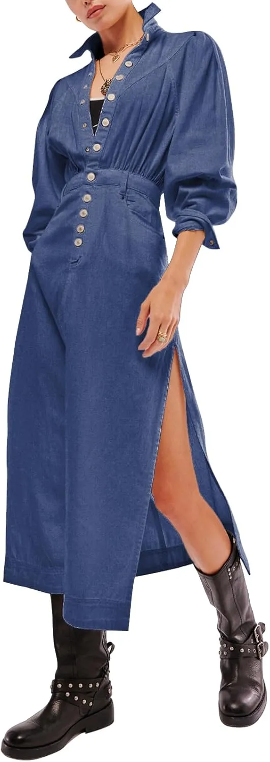 Womens Denim Long Shirt Dress Casual Button Down Jean Dress Collar A-Line Flowy Midi Dress with Pocket
