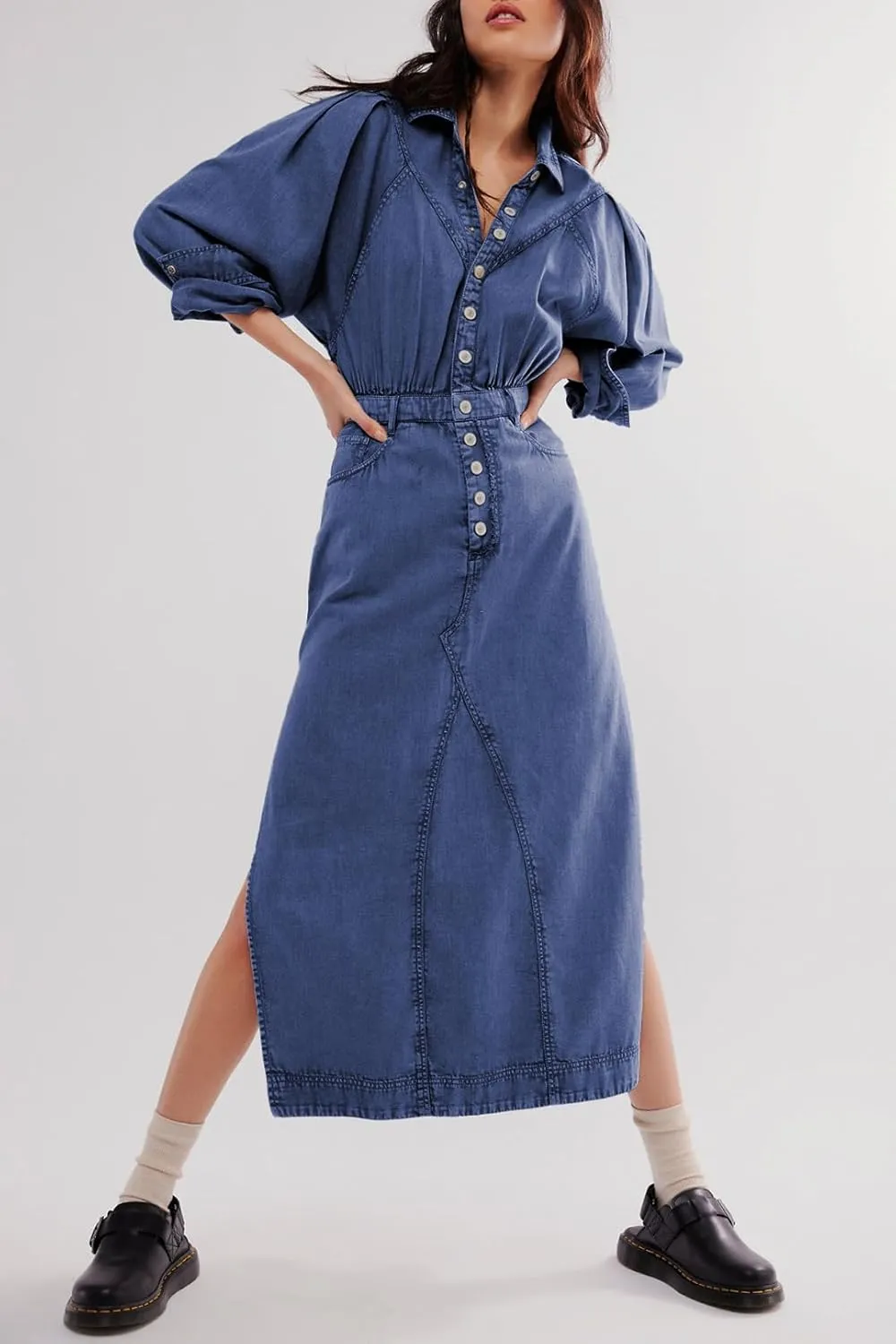Womens Denim Long Shirt Dress Casual Button Down Jean Dress Collar A-Line Flowy Midi Dress with Pocket