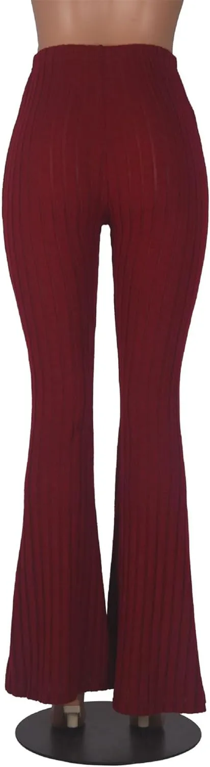 Women's Elastic High Waist Flare Pants Casual Bell Bottom Ribbed Knit Yoga Pants