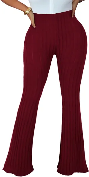 Women's Elastic High Waist Flare Pants Casual Bell Bottom Ribbed Knit Yoga Pants