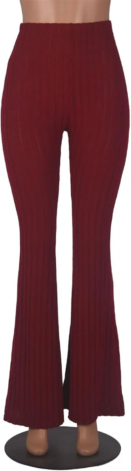 Women's Elastic High Waist Flare Pants Casual Bell Bottom Ribbed Knit Yoga Pants