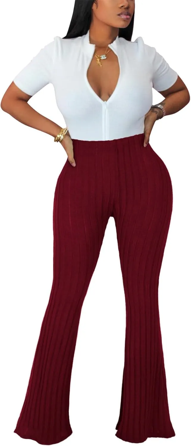 Women's Elastic High Waist Flare Pants Casual Bell Bottom Ribbed Knit Yoga Pants