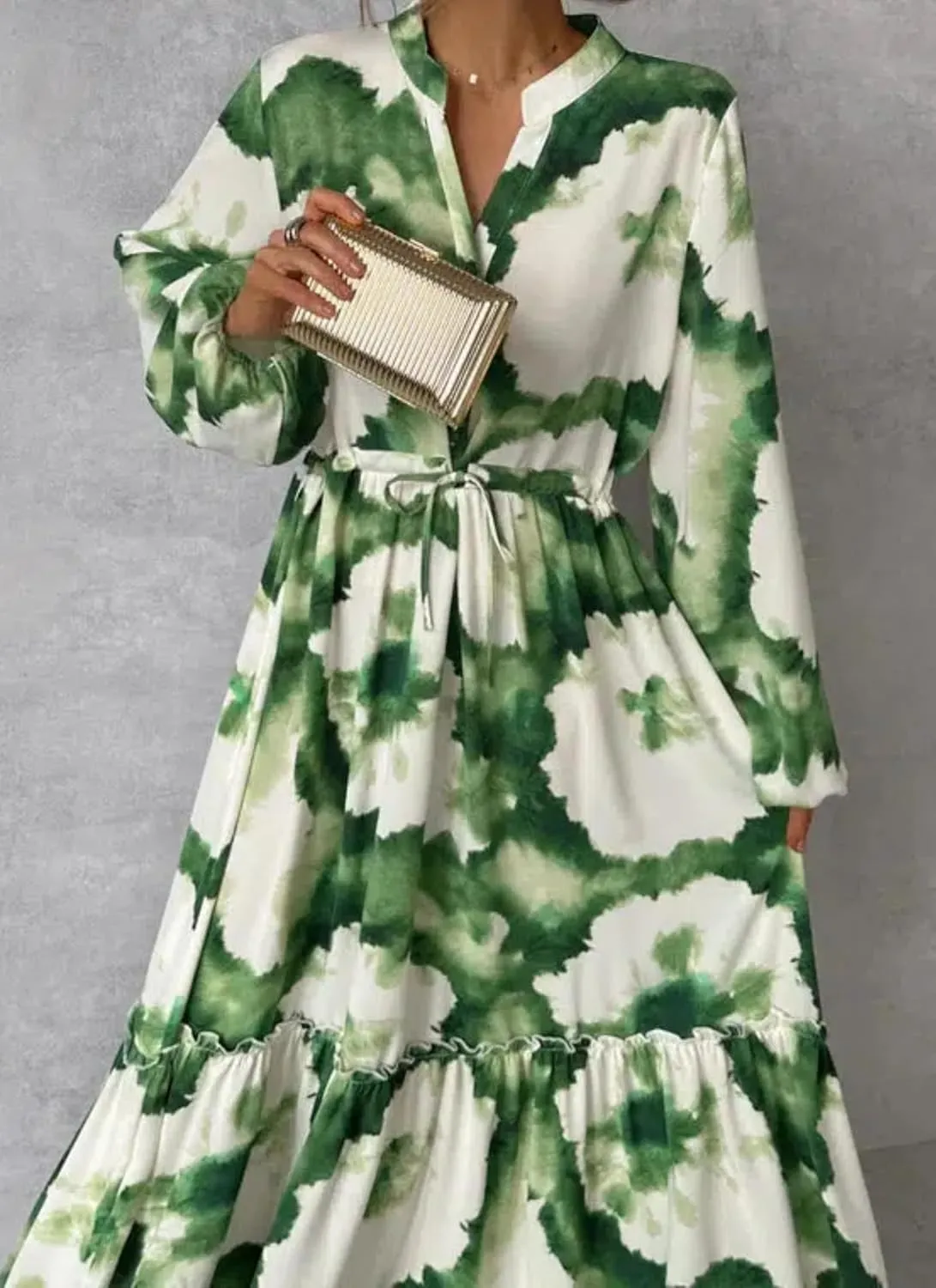 Women's Floral Maxi Dress Green Long Sleeve Summer Dress Loose Fit with Adjustable Belt & Pockets S-XXL