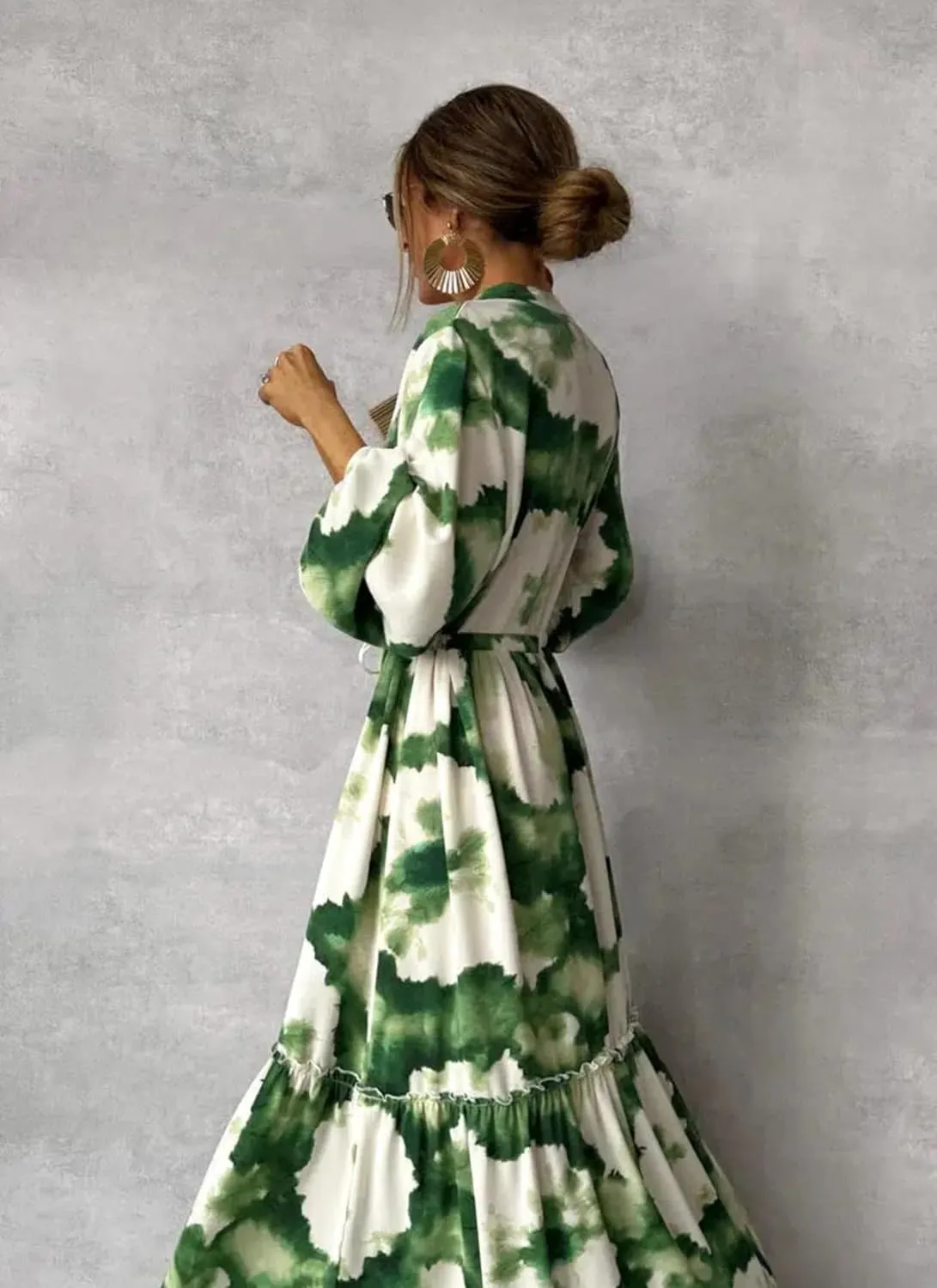 Women's Floral Maxi Dress Green Long Sleeve Summer Dress Loose Fit with Adjustable Belt & Pockets S-XXL