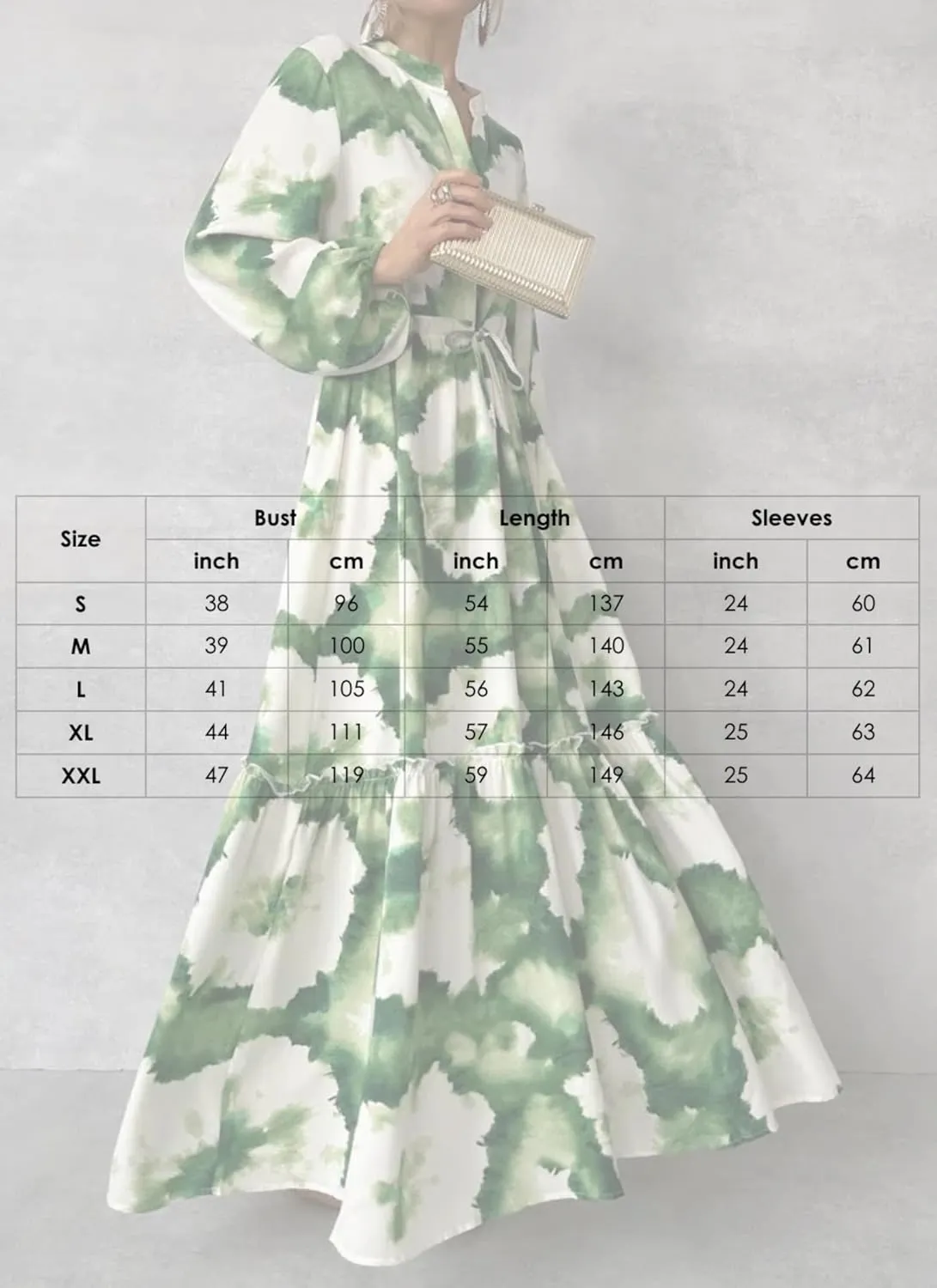 Women's Floral Maxi Dress Green Long Sleeve Summer Dress Loose Fit with Adjustable Belt & Pockets S-XXL