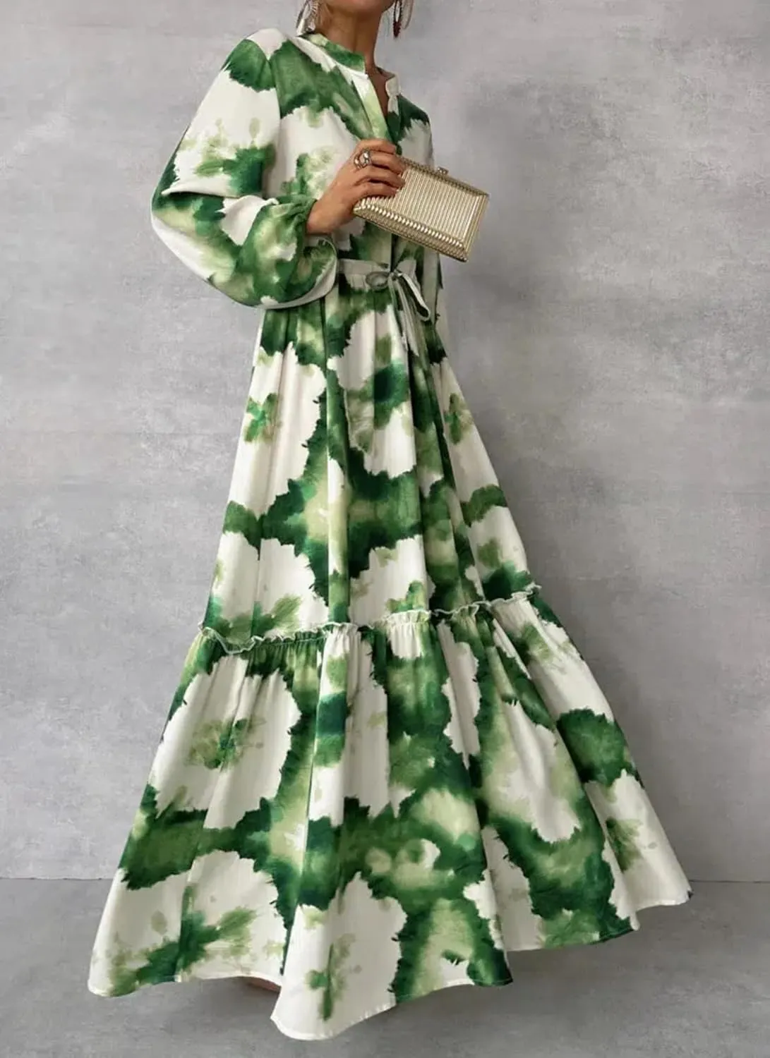 Women's Floral Maxi Dress Green Long Sleeve Summer Dress Loose Fit with Adjustable Belt & Pockets S-XXL