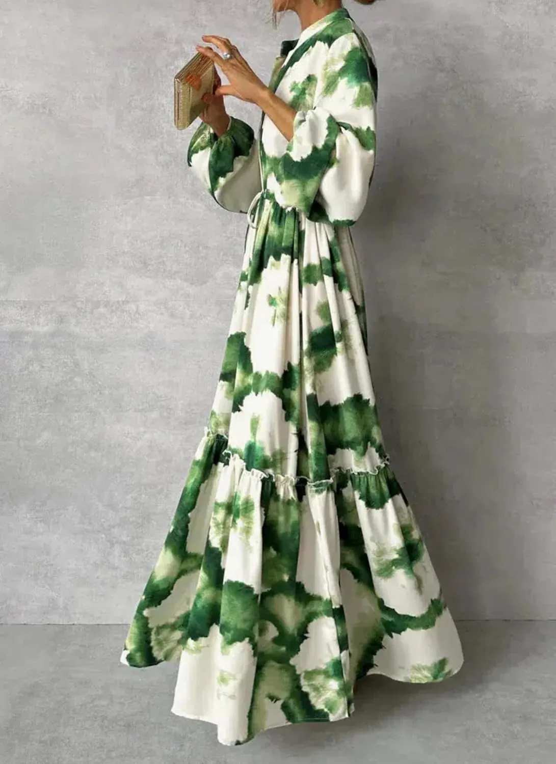 Women's Floral Maxi Dress Green Long Sleeve Summer Dress Loose Fit with Adjustable Belt & Pockets S-XXL