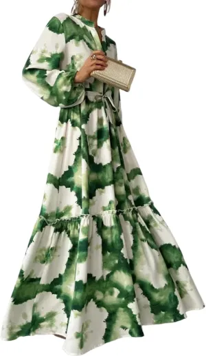 Women's Floral Maxi Dress Green Long Sleeve Summer Dress Loose Fit with Adjustable Belt & Pockets S-XXL