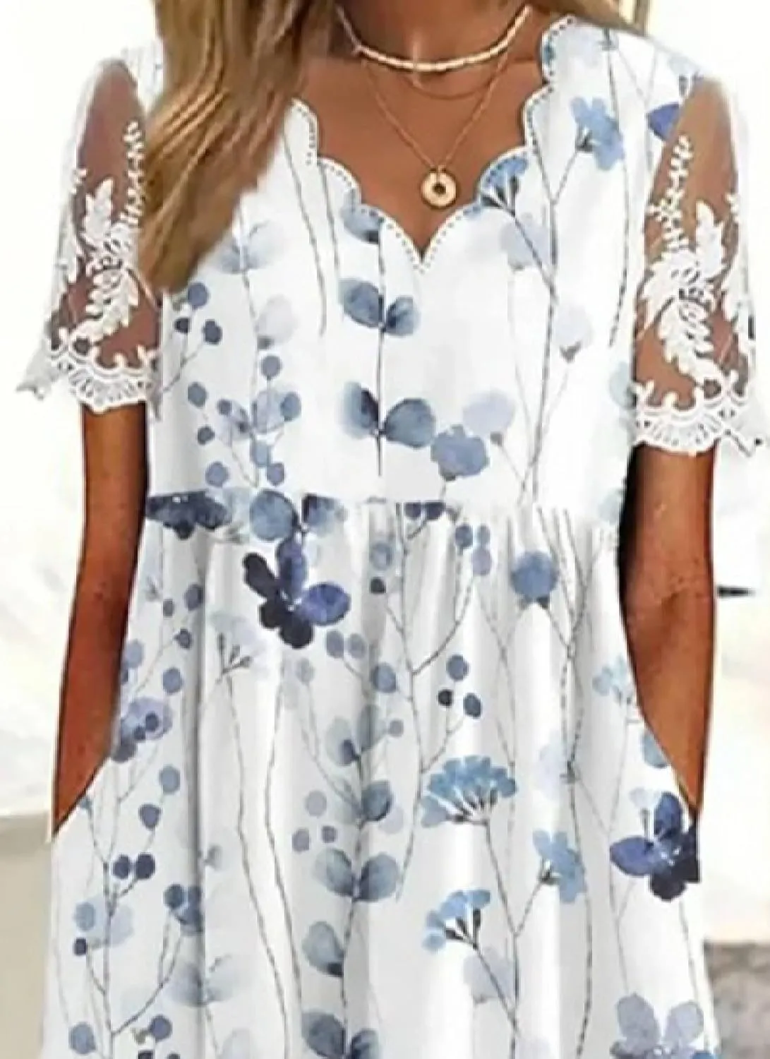 Womens Floral Print Lace Short Sleeve Maxi Dress Casual Elegant V Neck Date Party Dress with Side Pockets