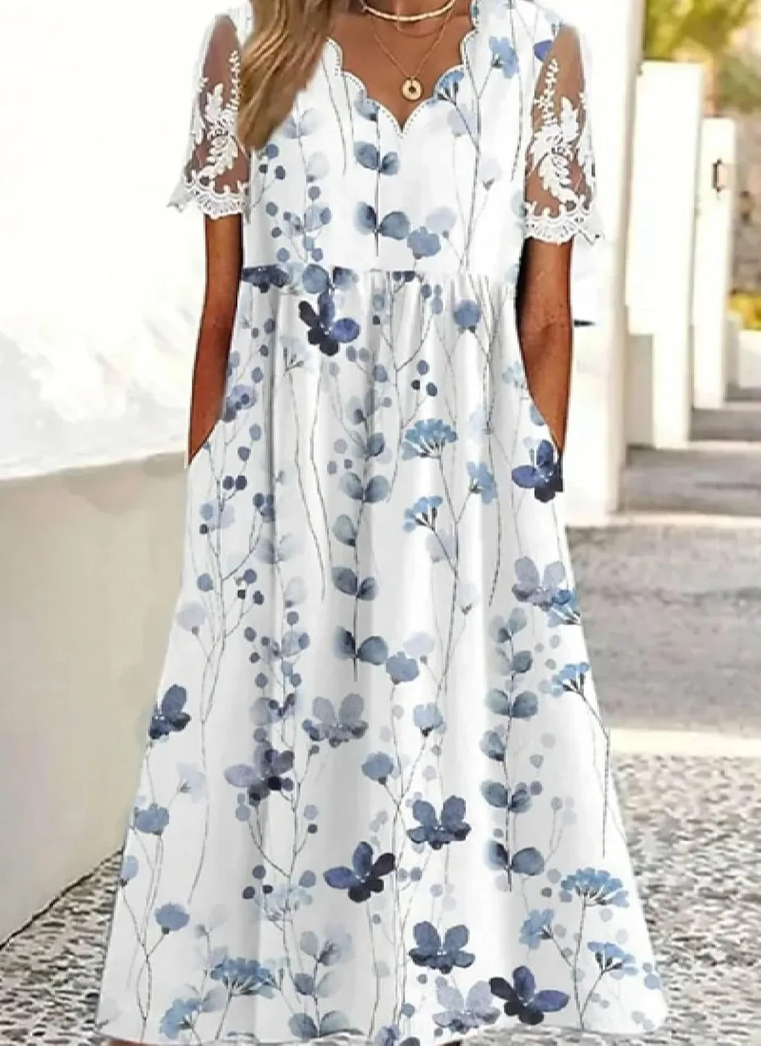 Womens Floral Print Lace Short Sleeve Maxi Dress Casual Elegant V Neck Date Party Dress with Side Pockets