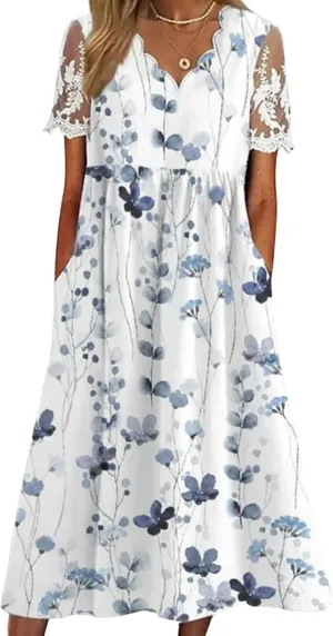 Womens Floral Print Lace Short Sleeve Maxi Dress Casual Elegant V Neck Date Party Dress with Side Pockets