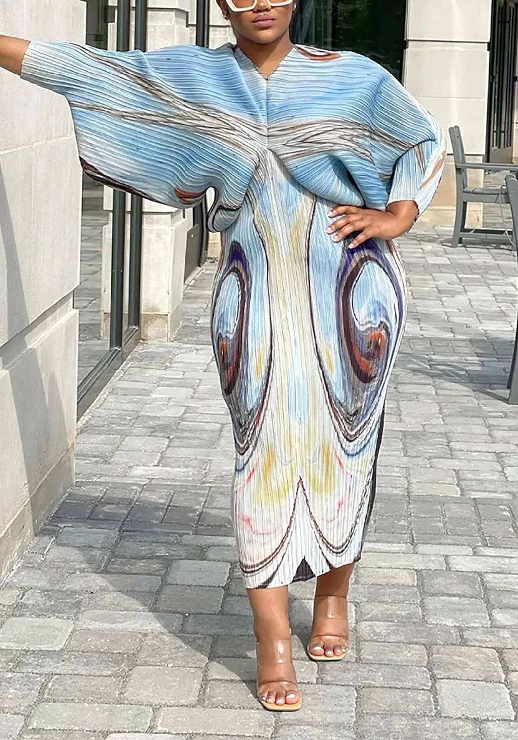 Women's Floral Print Pleated Long Dress Elegant Stretchy Flowy Ruched Midi Dress for Party Club