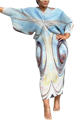 Women's Floral Print Pleated Long Dress Elegant Stretchy Flowy Ruched Midi Dress for Party Club