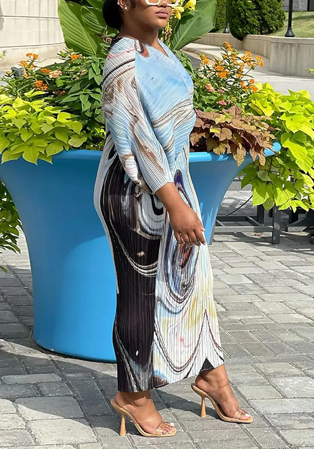 Women's Floral Print Pleated Long Dress Elegant Stretchy Flowy Ruched Midi Dress for Party Club