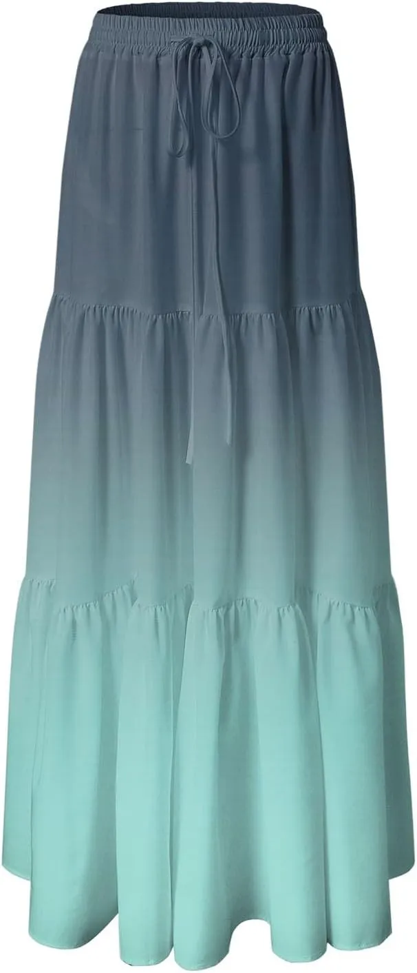 Women's Gradient Flowy Maxi Skirt Summer Pleated High Waisted Casual A-line Beach Vacation Long Skirts