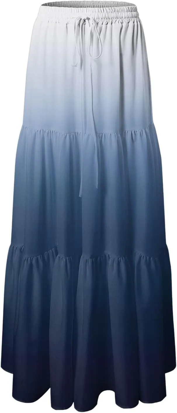 Women's Gradient Flowy Maxi Skirt Summer Pleated High Waisted Casual A-line Beach Vacation Long Skirts