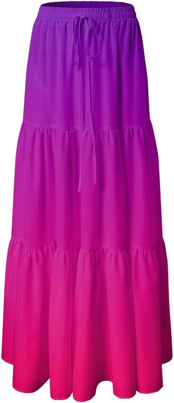 Women's Gradient Flowy Maxi Skirt Summer Pleated High Waisted Casual A-line Beach Vacation Long Skirts