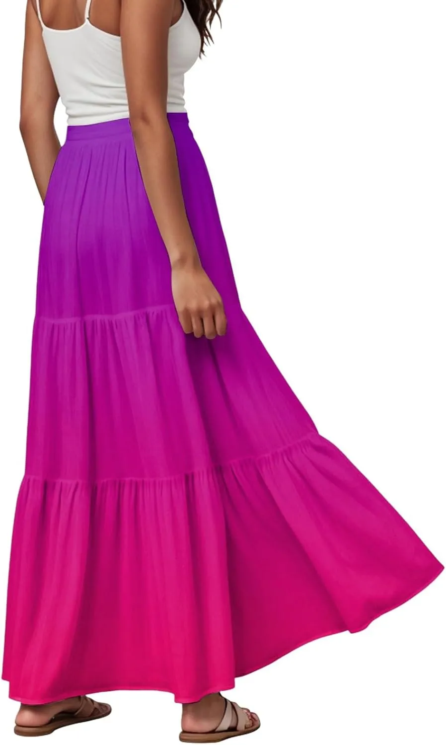 Women's Gradient Flowy Maxi Skirt Summer Pleated High Waisted Casual A-line Beach Vacation Long Skirts