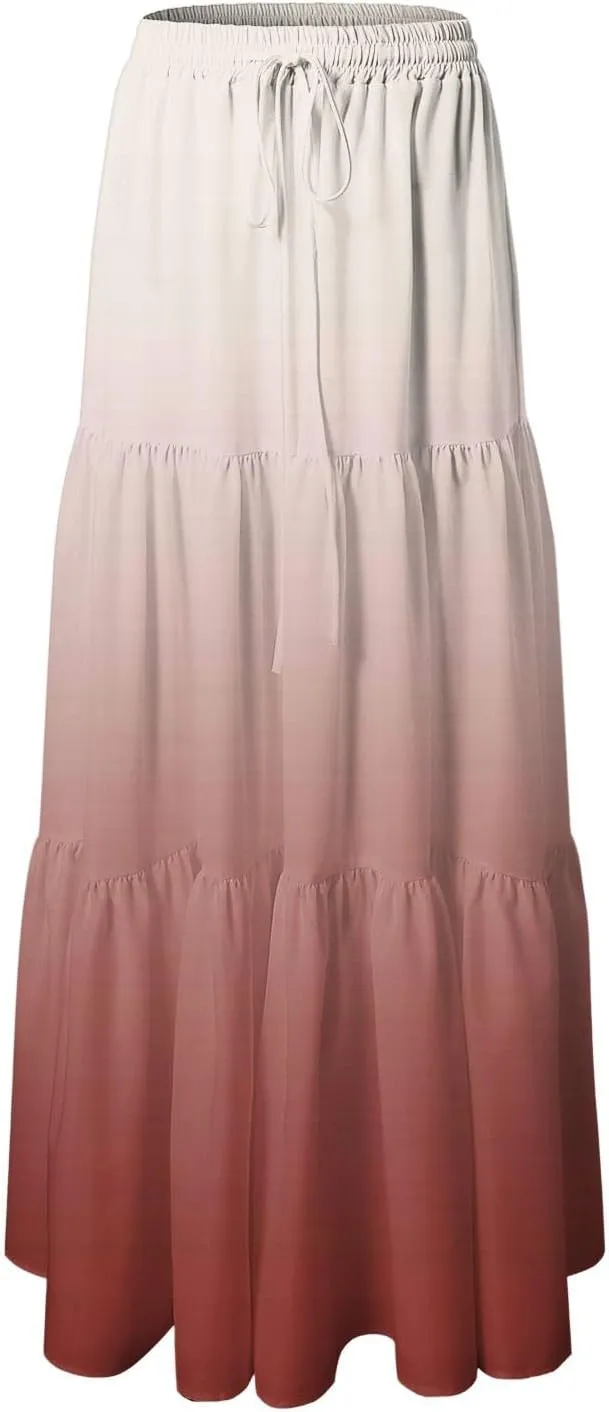 Women's Gradient Flowy Maxi Skirt Summer Pleated High Waisted Casual A-line Beach Vacation Long Skirts