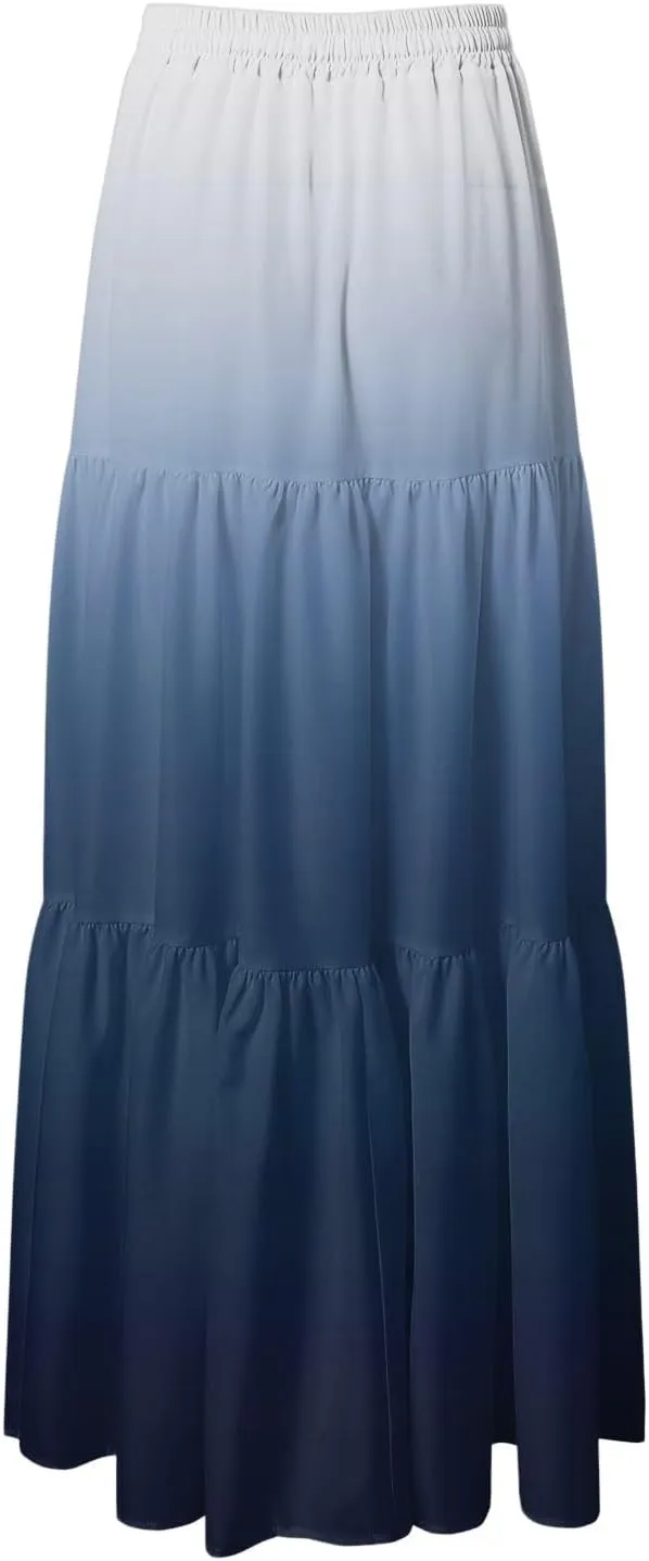Women's Gradient Flowy Maxi Skirt Summer Pleated High Waisted Casual A-line Beach Vacation Long Skirts
