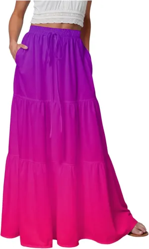 Women's Gradient Flowy Maxi Skirt Summer Pleated High Waisted Casual A-line Beach Vacation Long Skirts