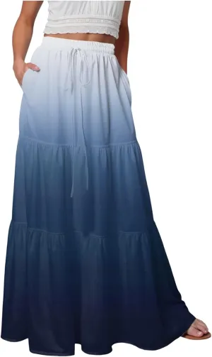 Women's Gradient Flowy Maxi Skirt Summer Pleated High Waisted Casual A-line Beach Vacation Long Skirts