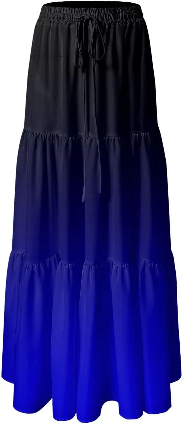 Women's Gradient Flowy Maxi Skirt Summer Pleated High Waisted Casual A-line Beach Vacation Long Skirts