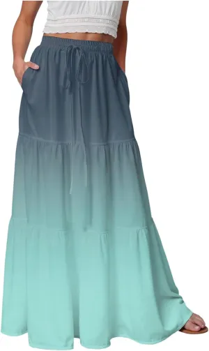 Women's Gradient Flowy Maxi Skirt Summer Pleated High Waisted Casual A-line Beach Vacation Long Skirts