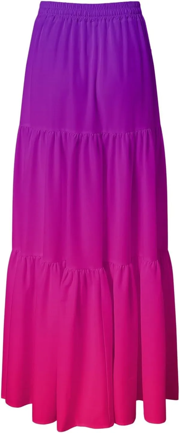 Women's Gradient Flowy Maxi Skirt Summer Pleated High Waisted Casual A-line Beach Vacation Long Skirts