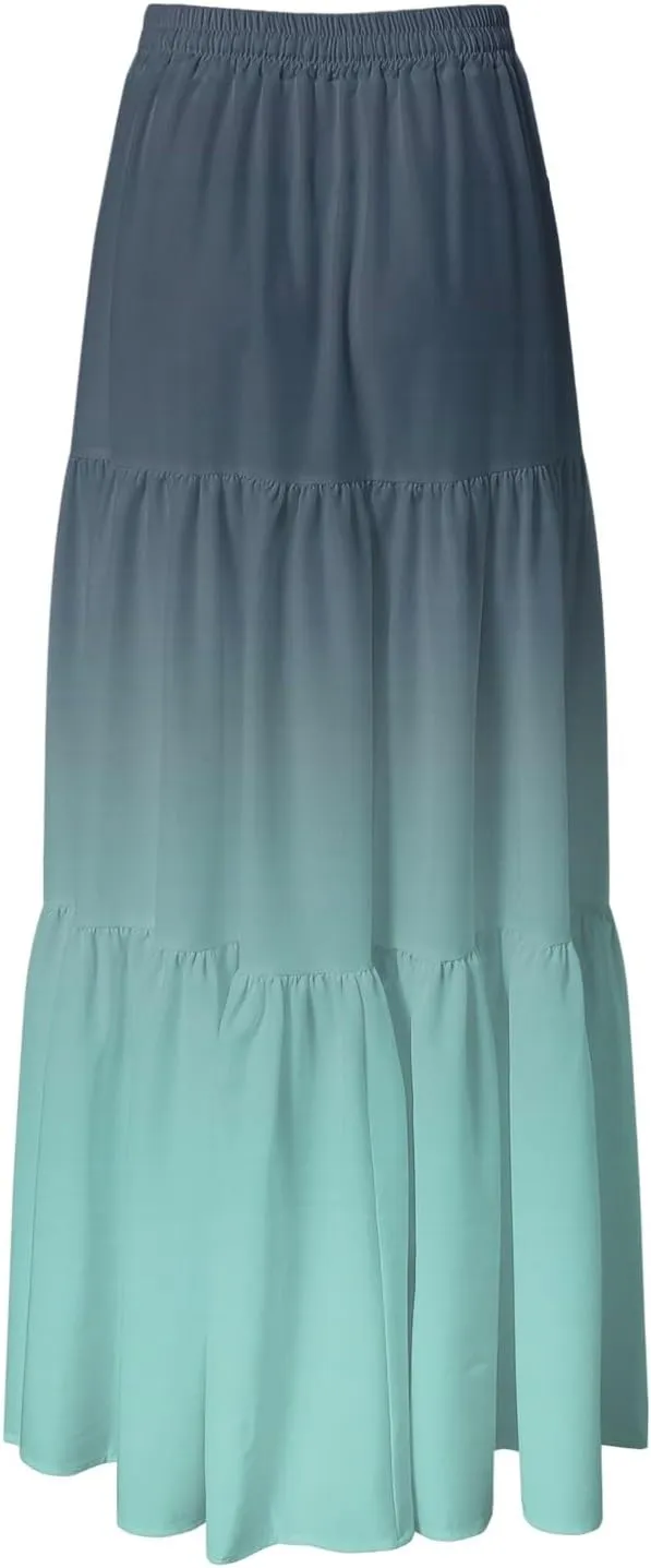 Women's Gradient Flowy Maxi Skirt Summer Pleated High Waisted Casual A-line Beach Vacation Long Skirts