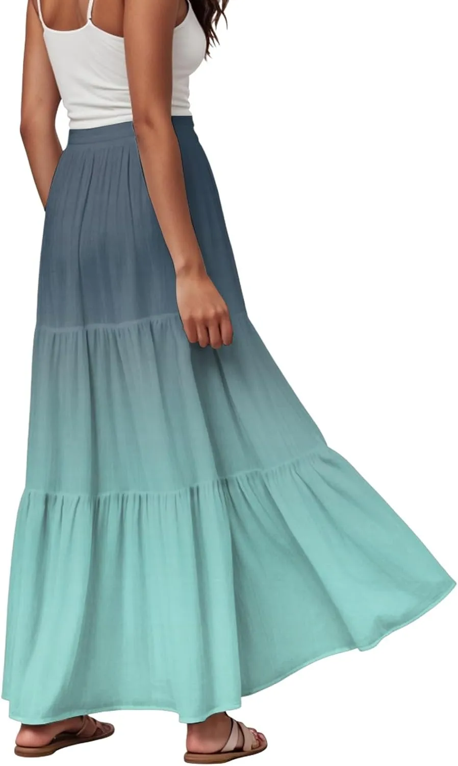Women's Gradient Flowy Maxi Skirt Summer Pleated High Waisted Casual A-line Beach Vacation Long Skirts