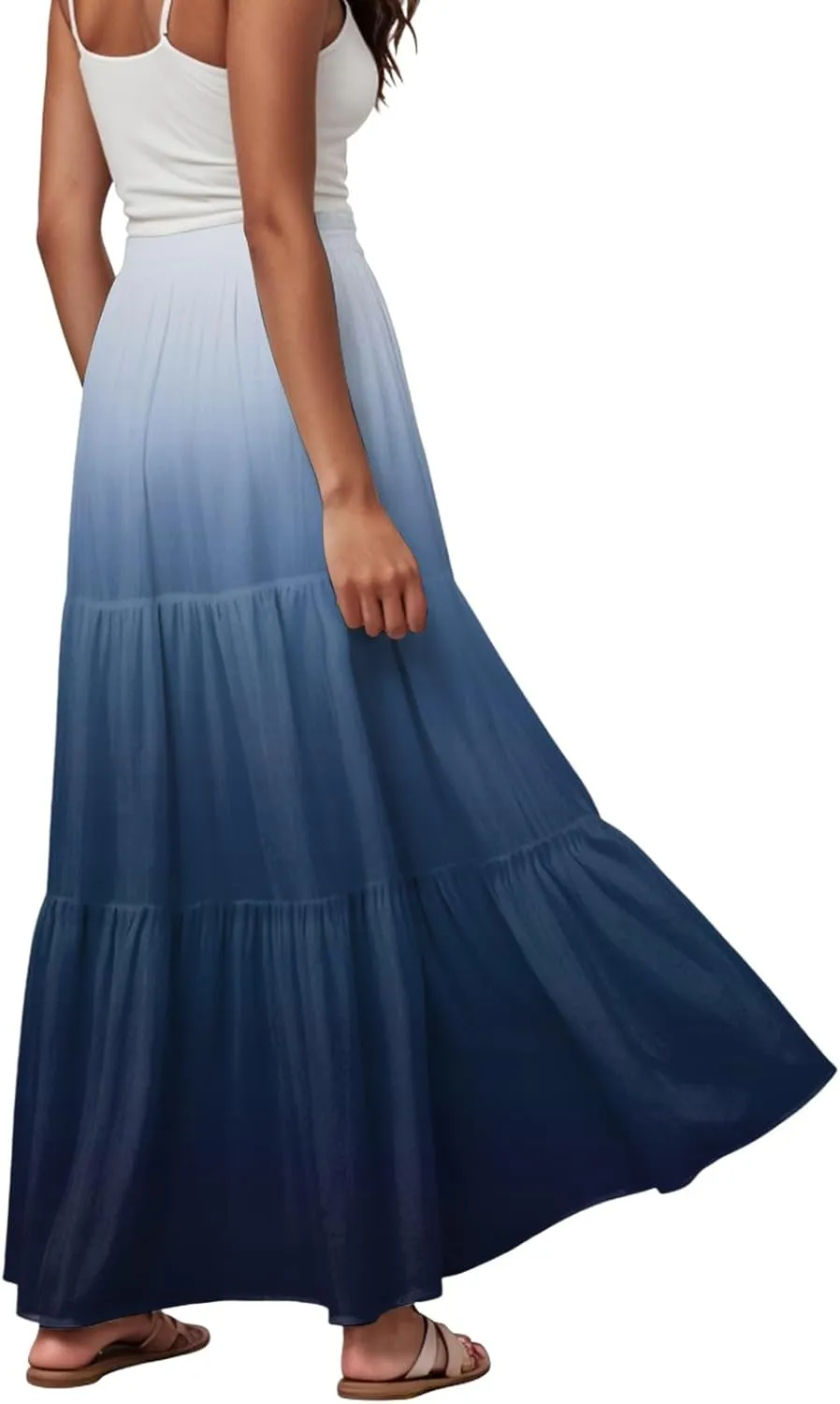 Women's Gradient Flowy Maxi Skirt Summer Pleated High Waisted Casual A-line Beach Vacation Long Skirts
