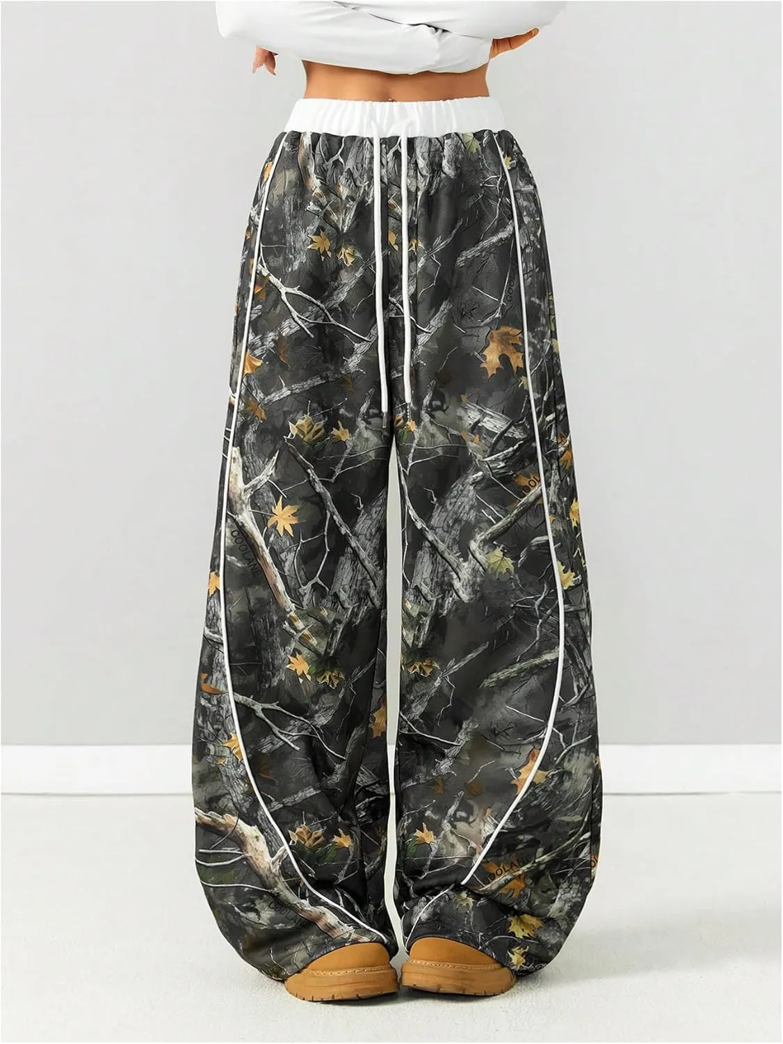Women's Graphic Y2K Camo Print Wide Leg Pants Drawstring Waist Long Trousers Streetwear