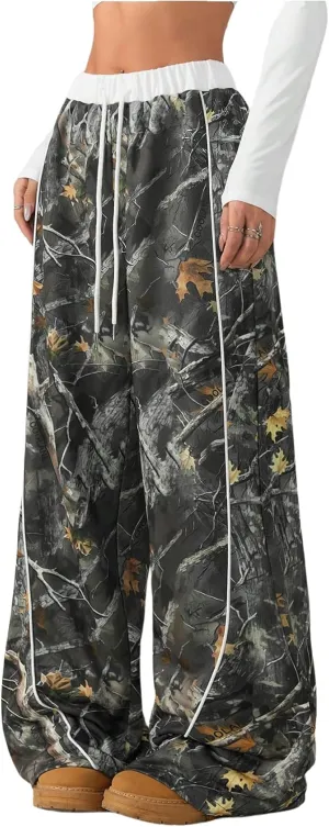 Women's Graphic Y2K Camo Print Wide Leg Pants Drawstring Waist Long Trousers Streetwear