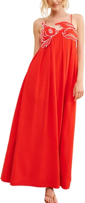 Womens Koi Fish Long Strap Dress 3D Fish High Waist Maxi Cami Dress