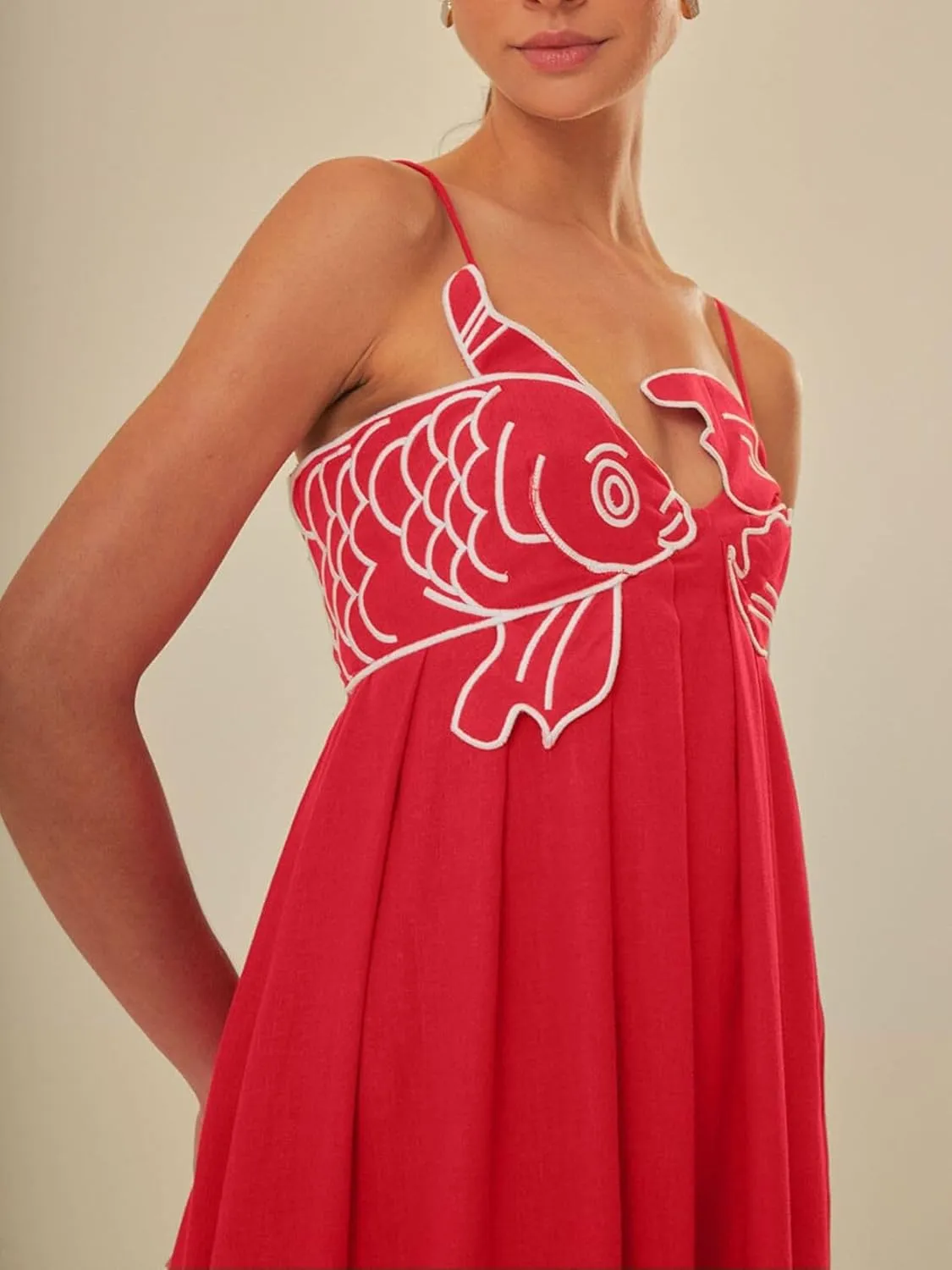 Womens Koi Fish Long Strap Dress 3D Fish High Waist Maxi Cami Dress