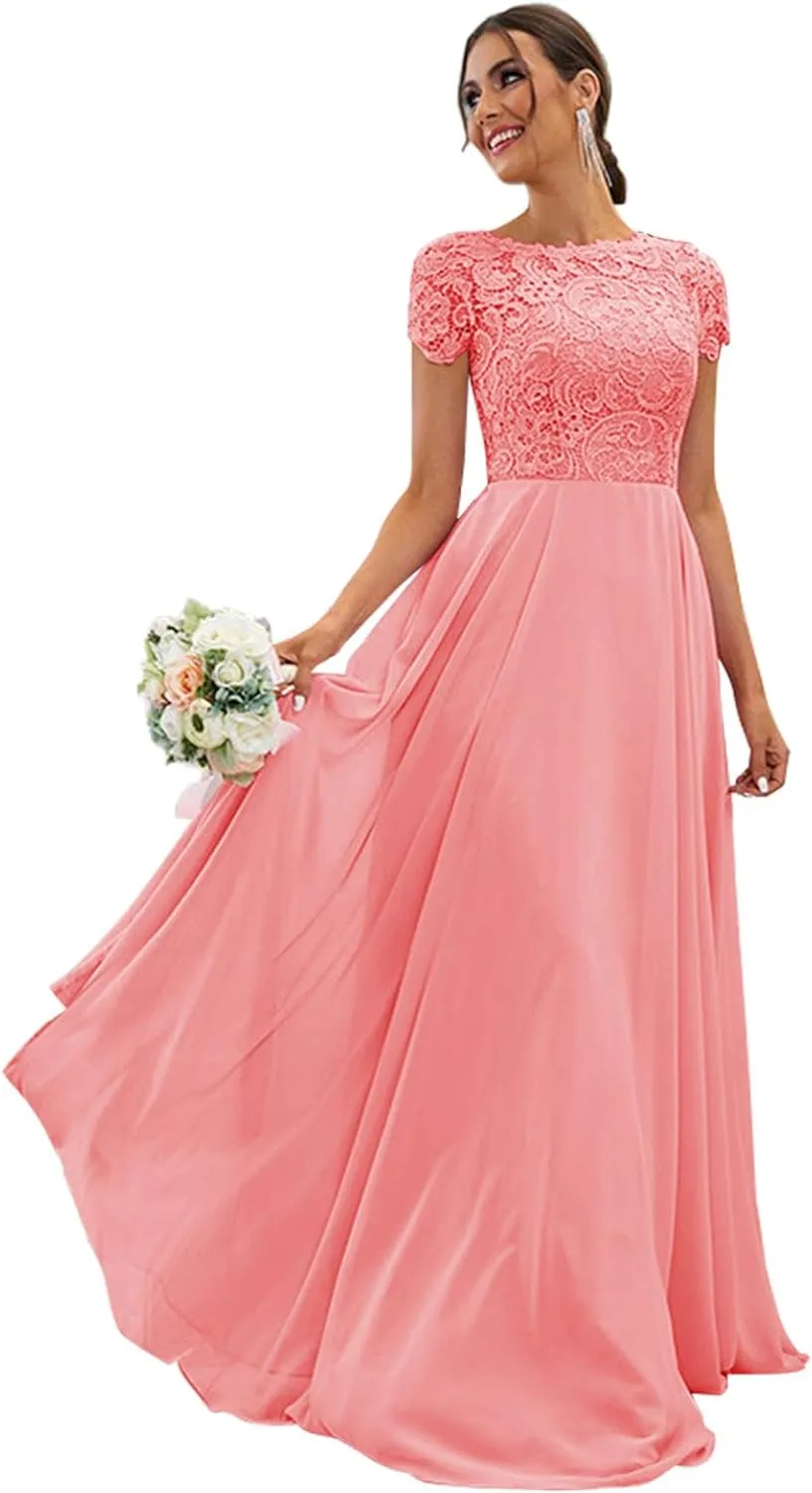 Women's Lace Bridesmaid Dresses Long for Wedding Cap Sleeves Chiffon A-Line Formal Gown with Pockets