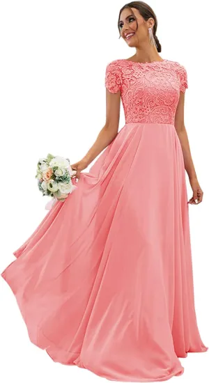 Women's Lace Bridesmaid Dresses Long for Wedding Cap Sleeves Chiffon A-Line Formal Gown with Pockets
