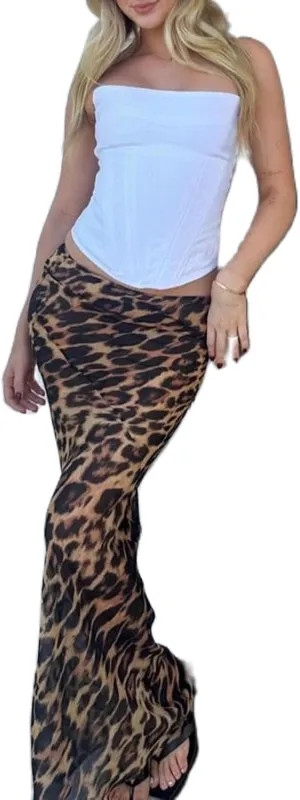 Women's Leopard Print Maxi Skirt Bodycon Long Skirt Floor Length Skirt Y2K Sexy Leopard Slim Fit Skirt Grunge Midi Skirt