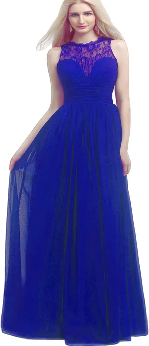 Women's Long Chiffon Lace Sleeveless Evening Dress Long Bridesmaid Party Dresses